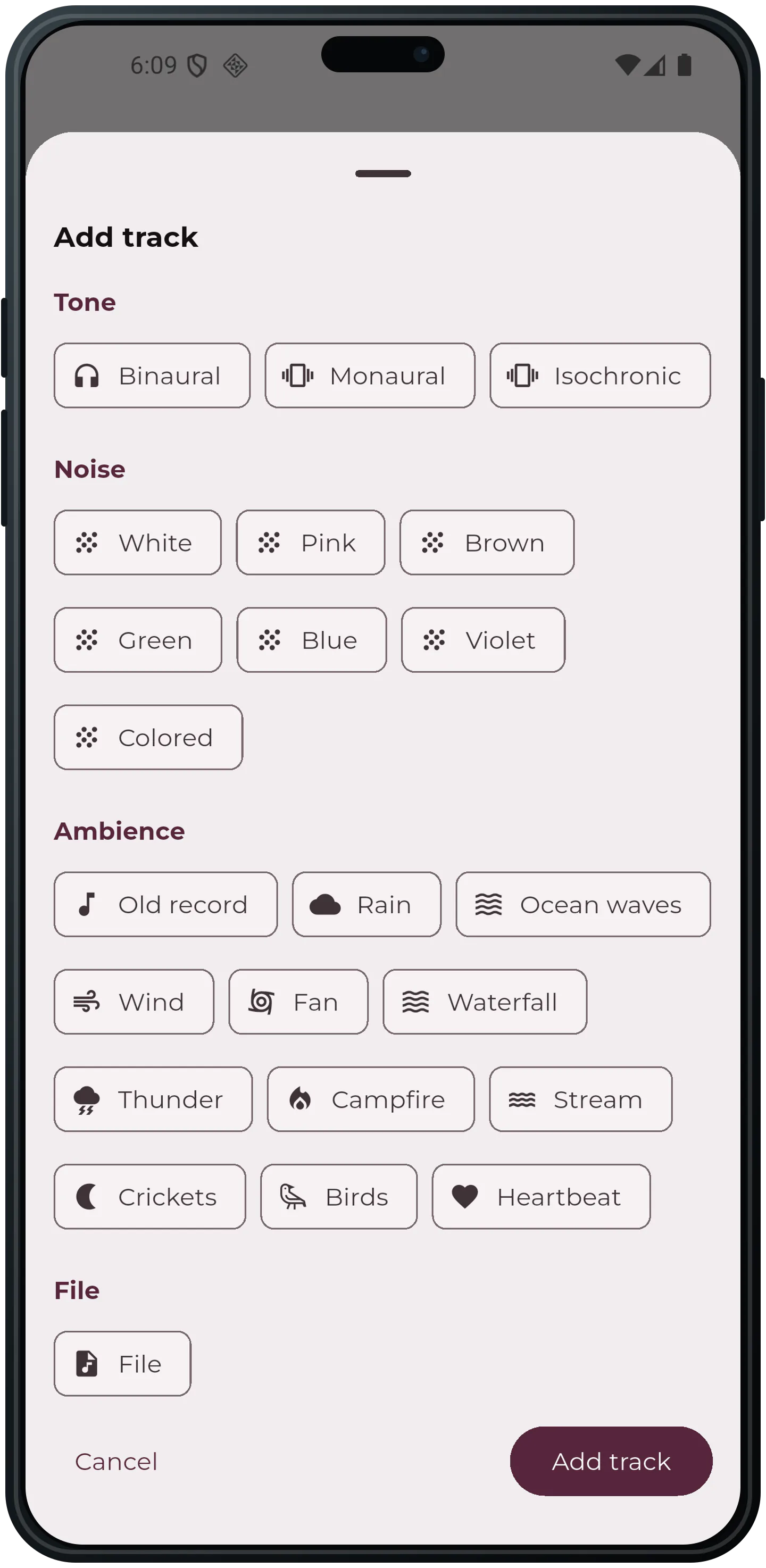 Full editor add-track sheet with tone, noise, effect, and file types
