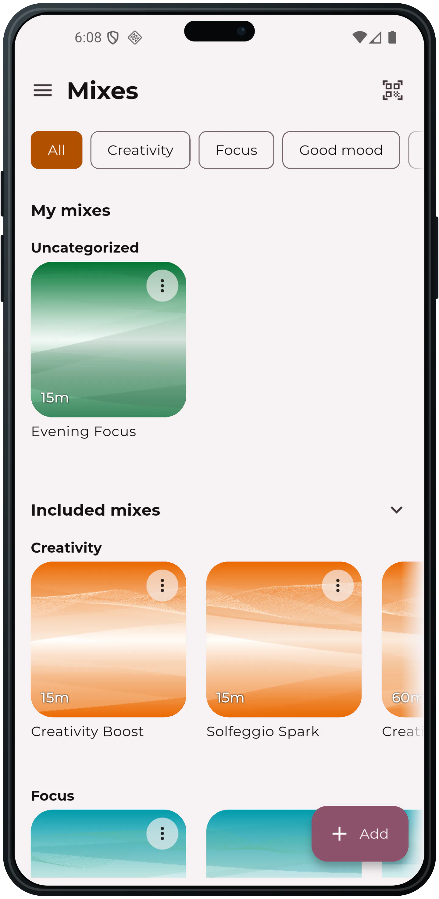 Mixes library with included and custom mixes by category