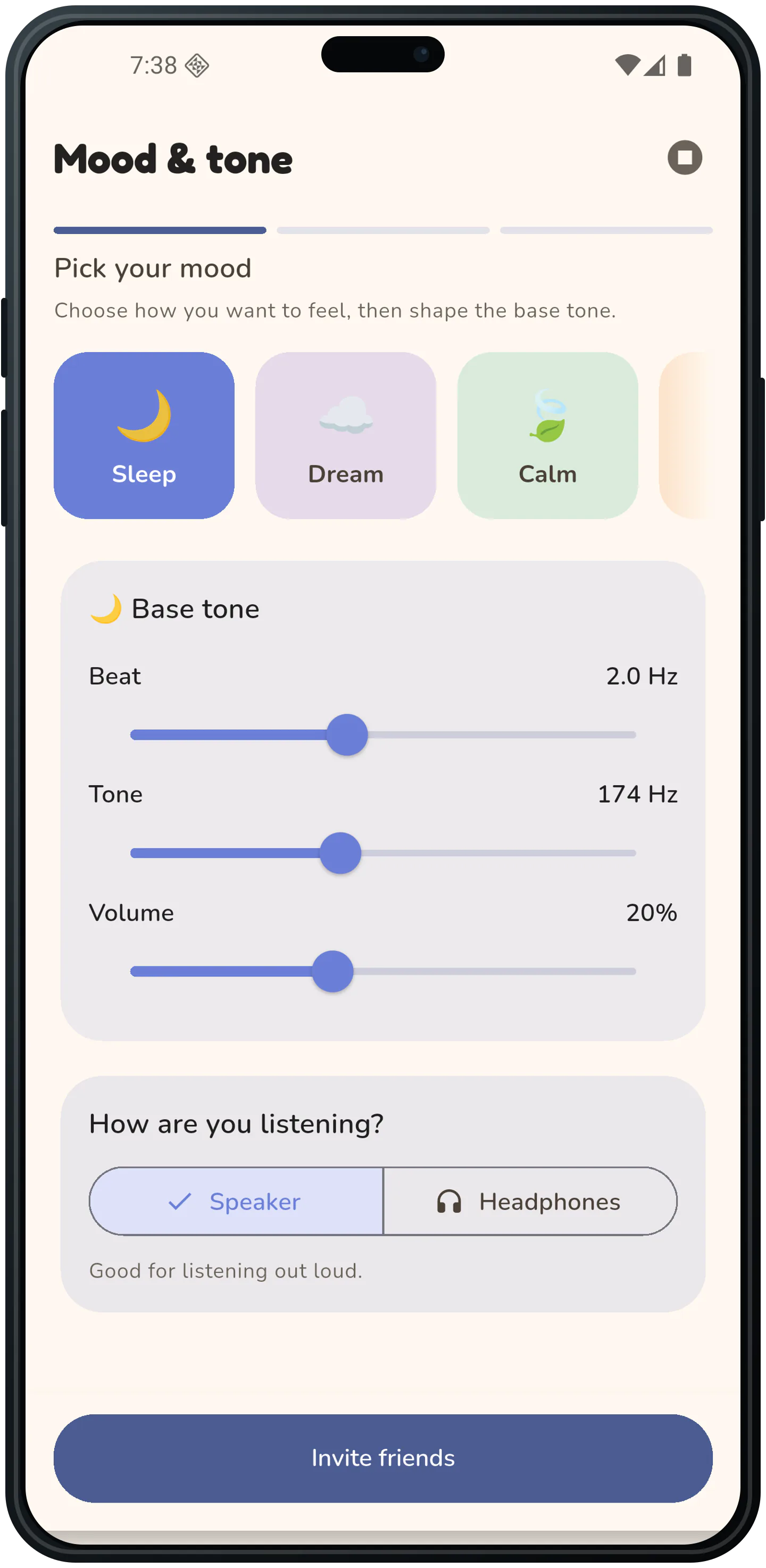 MindStateKids mood and tone screen with Sleep, Dream, Calm, and Focus