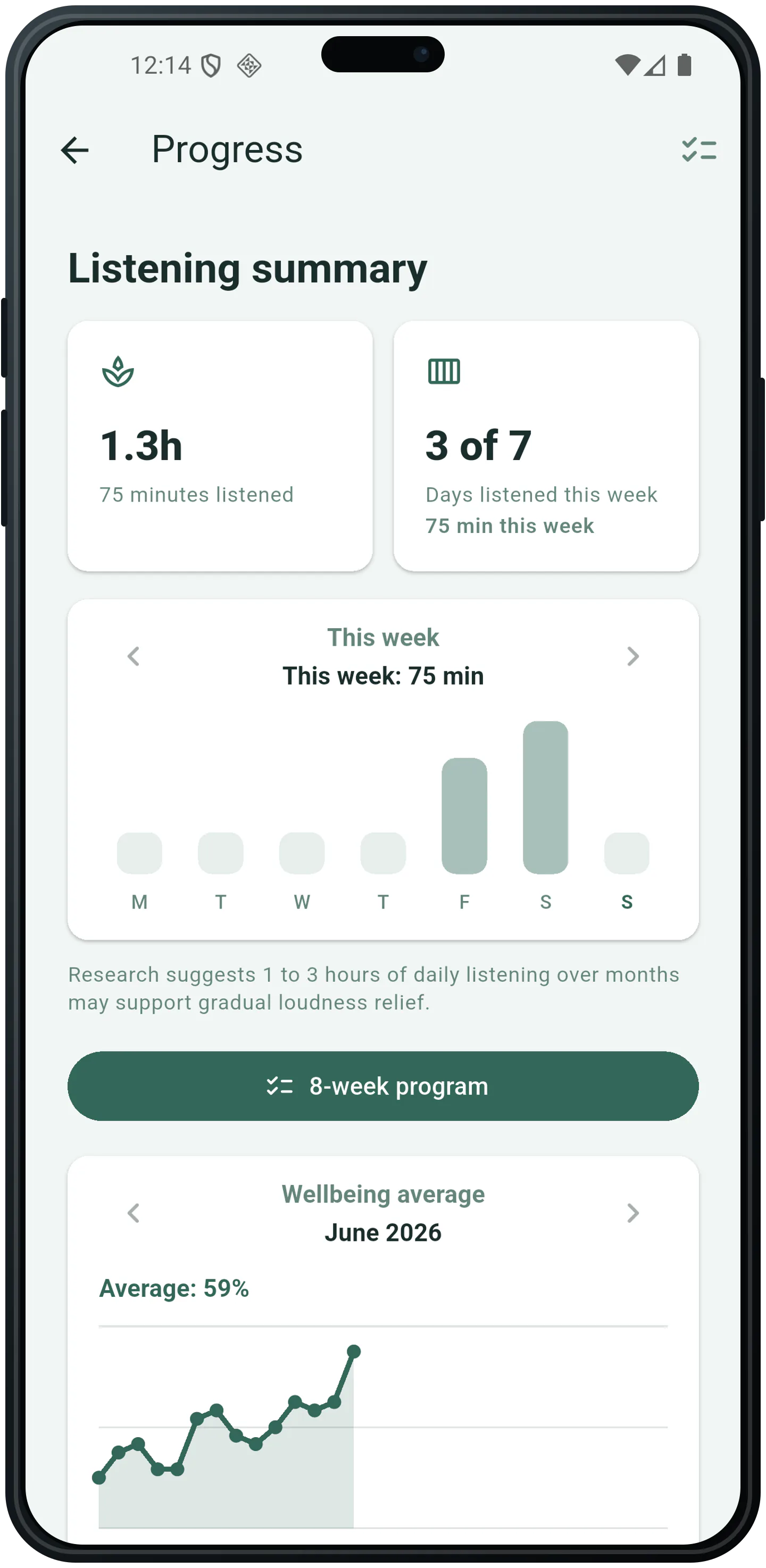 TinniTuner progress log with listening history and check-ins