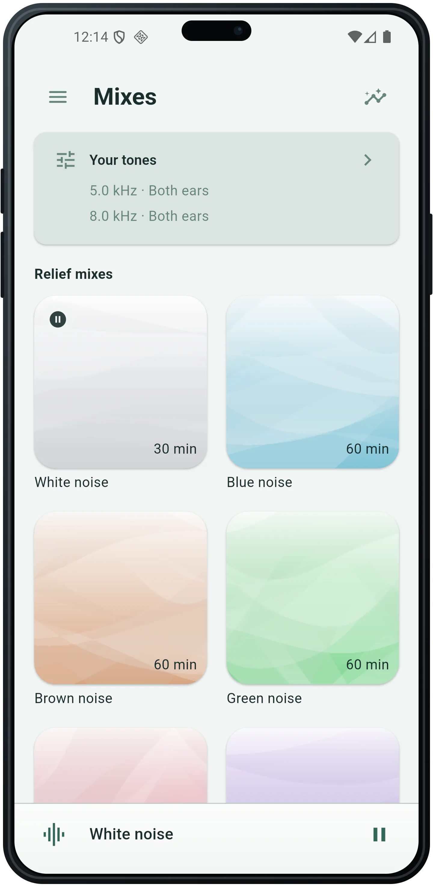 TinniTuner relief mix browser with noise colors and ambient layers