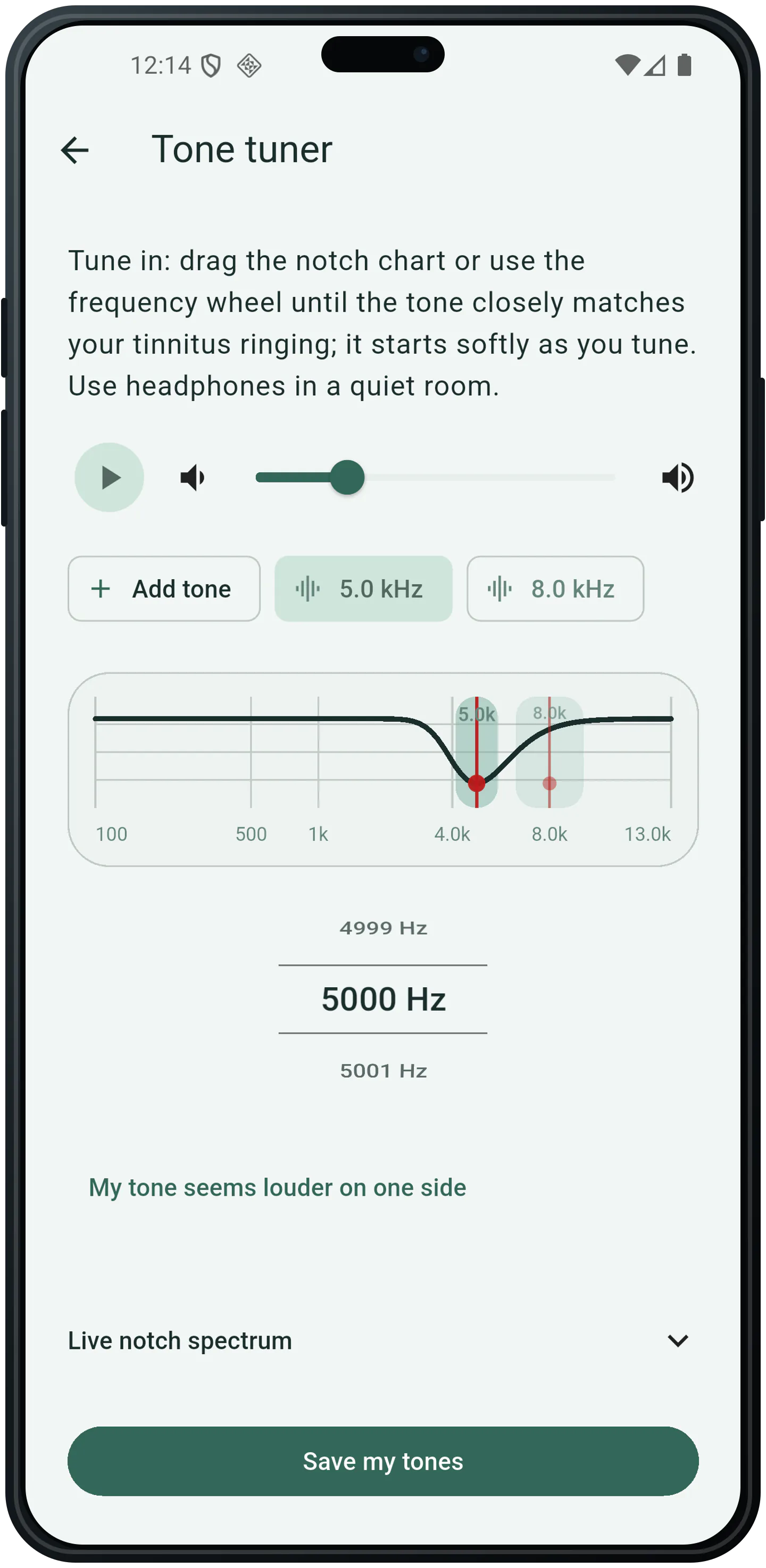 TinniTuner tone tuner for matching tinnitus pitch